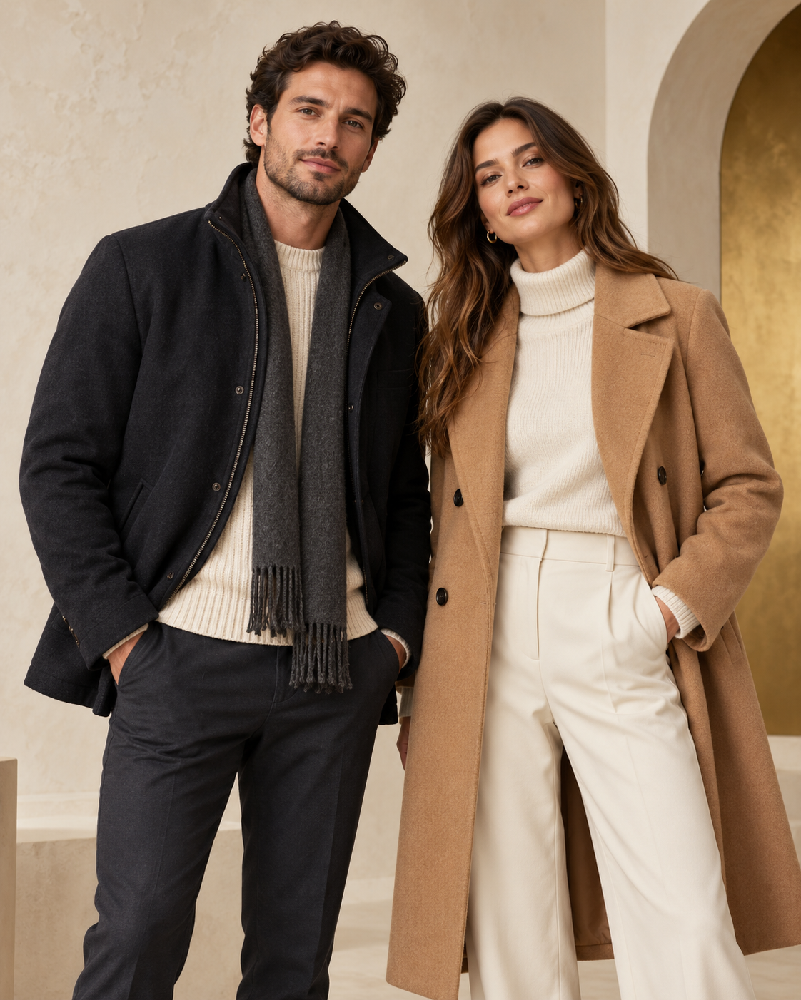 Adult models wearing neutral jackets and coats