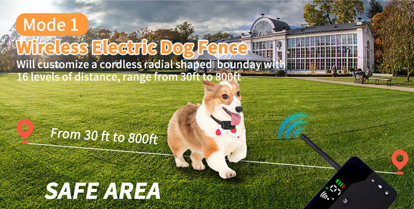 Electric Dog Fence System Wireless Hidden Pet Boundary Containment with 2 Collar