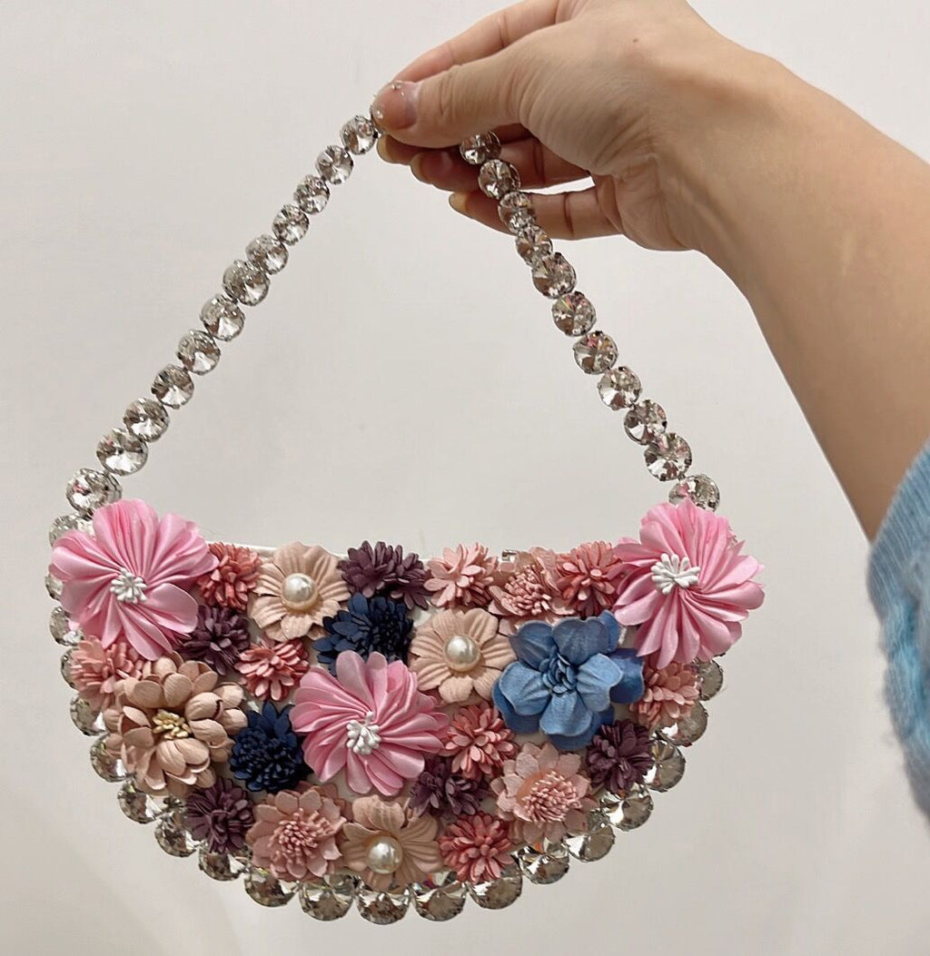 French Pearl Rhinestone Floral Evening Bag Underarm Handbag