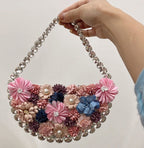 French Pearl Rhinestone Floral Evening Bag Underarm Handbag