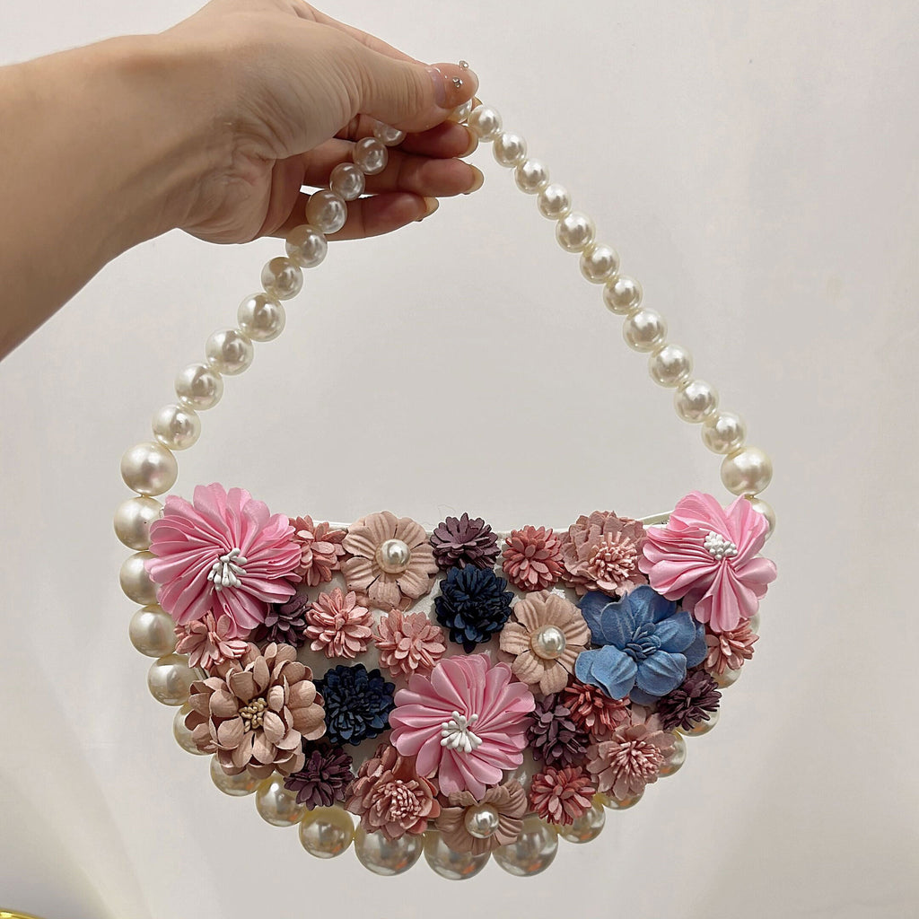 French Pearl Rhinestone Floral Evening Bag Underarm Handbag