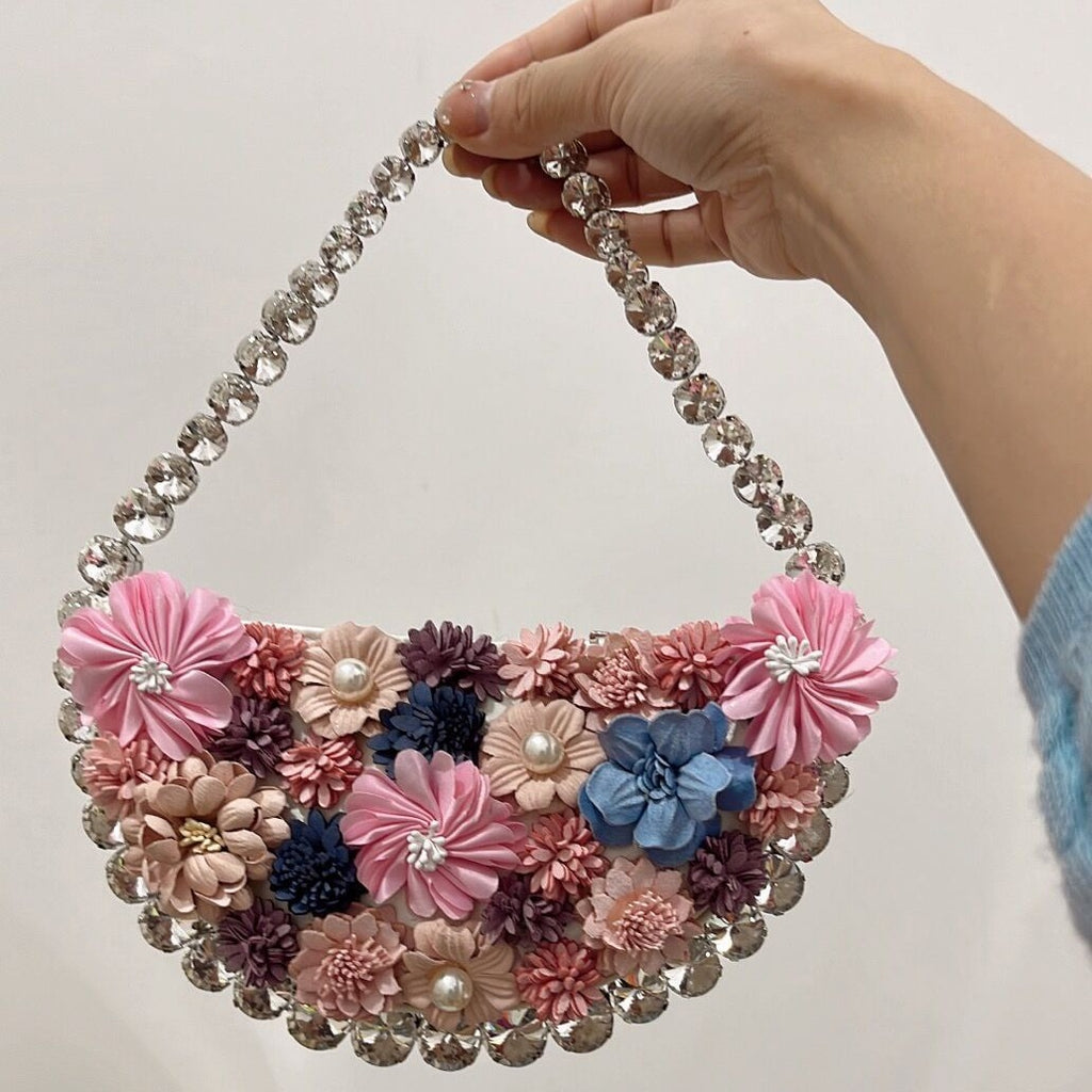 French Pearl Rhinestone Floral Evening Bag Underarm Handbag