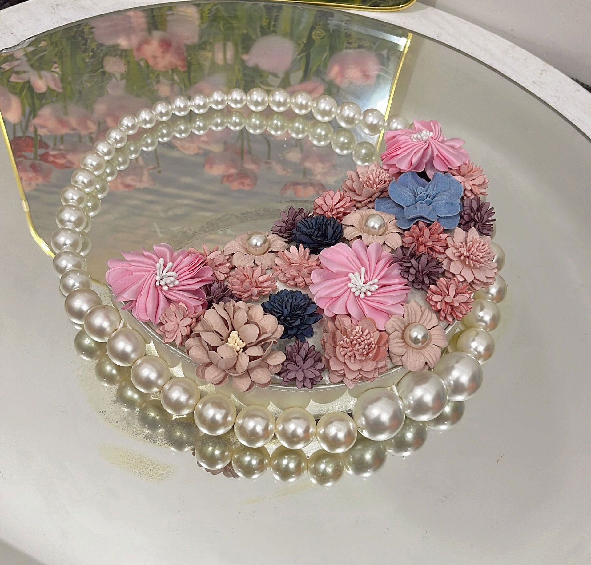 French Pearl Rhinestone Floral Evening Bag Underarm Handbag
