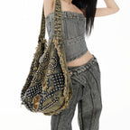 Vintage Denim Shoulder Bag Y2K Crossbody Handbag Casual Hobo Bag