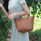 Purely handwoven vegetable basket, versatile retro bamboo portable straw bag