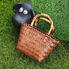 Purely handwoven vegetable basket, versatile retro bamboo portable straw bag
