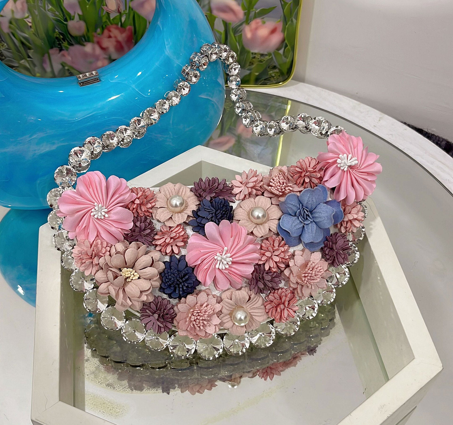 French Pearl Rhinestone Floral Evening Bag Underarm Handbag