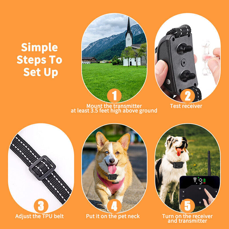 Electric Dog Fence System Wireless Hidden Pet Boundary Containment with 2 Collar