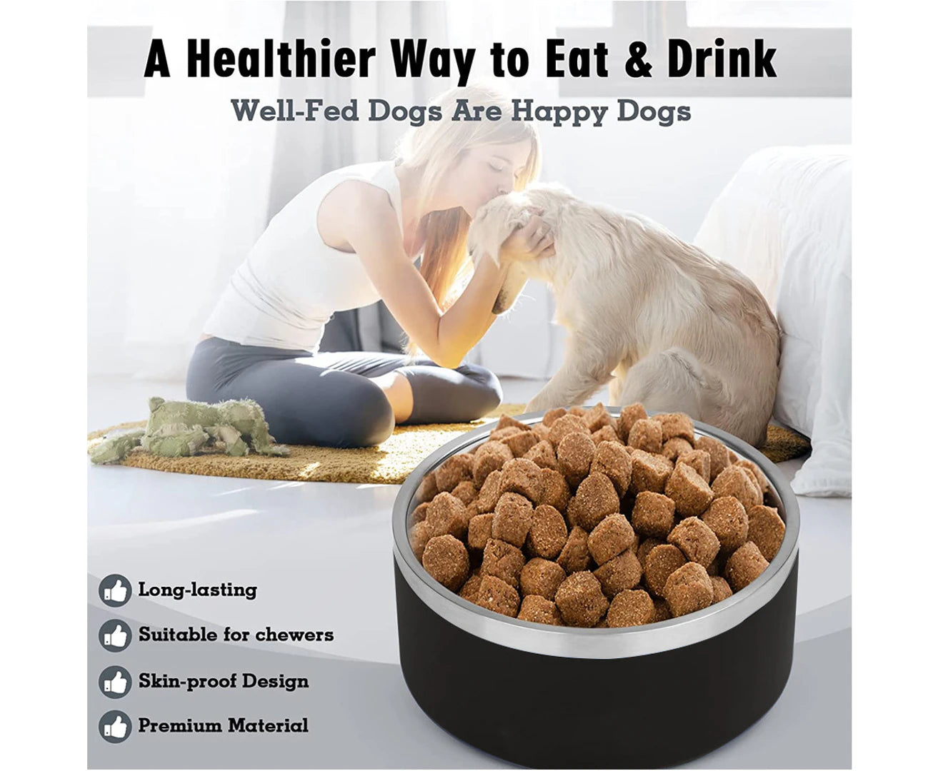 Dog Bowl - 64 Oz Stainless Steel, Non-Slip Rubber Bottom, Durable, Pet Food and Water, Cats Feed