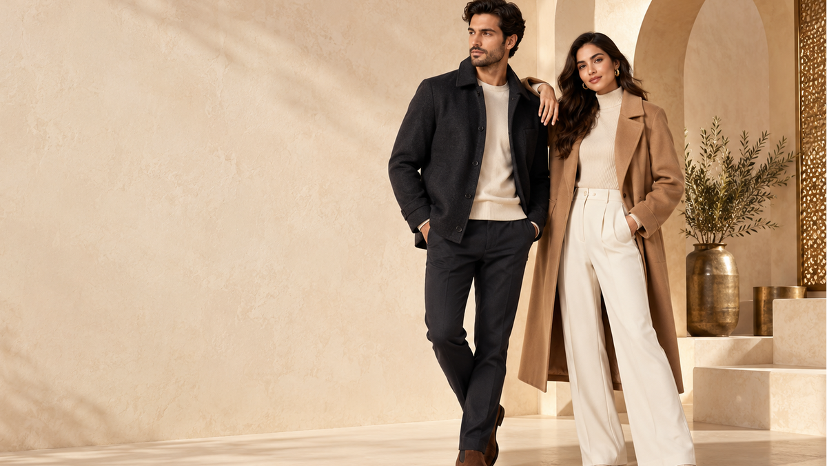 Two adults wearing neutral jackets in a warm ivory editorial studio setting